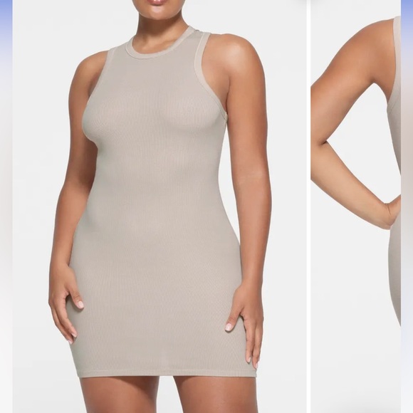 SKIMS Stretch Cotton Rib Tank Dress - STONE - size Large - Picture 2 of 14